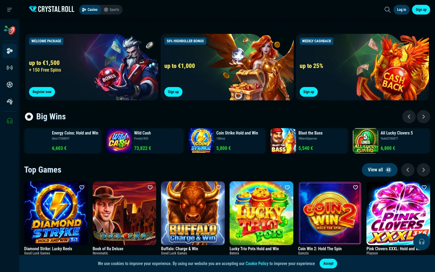 De startpagina van Crystalroll met het welkomstaanbod en de spellen